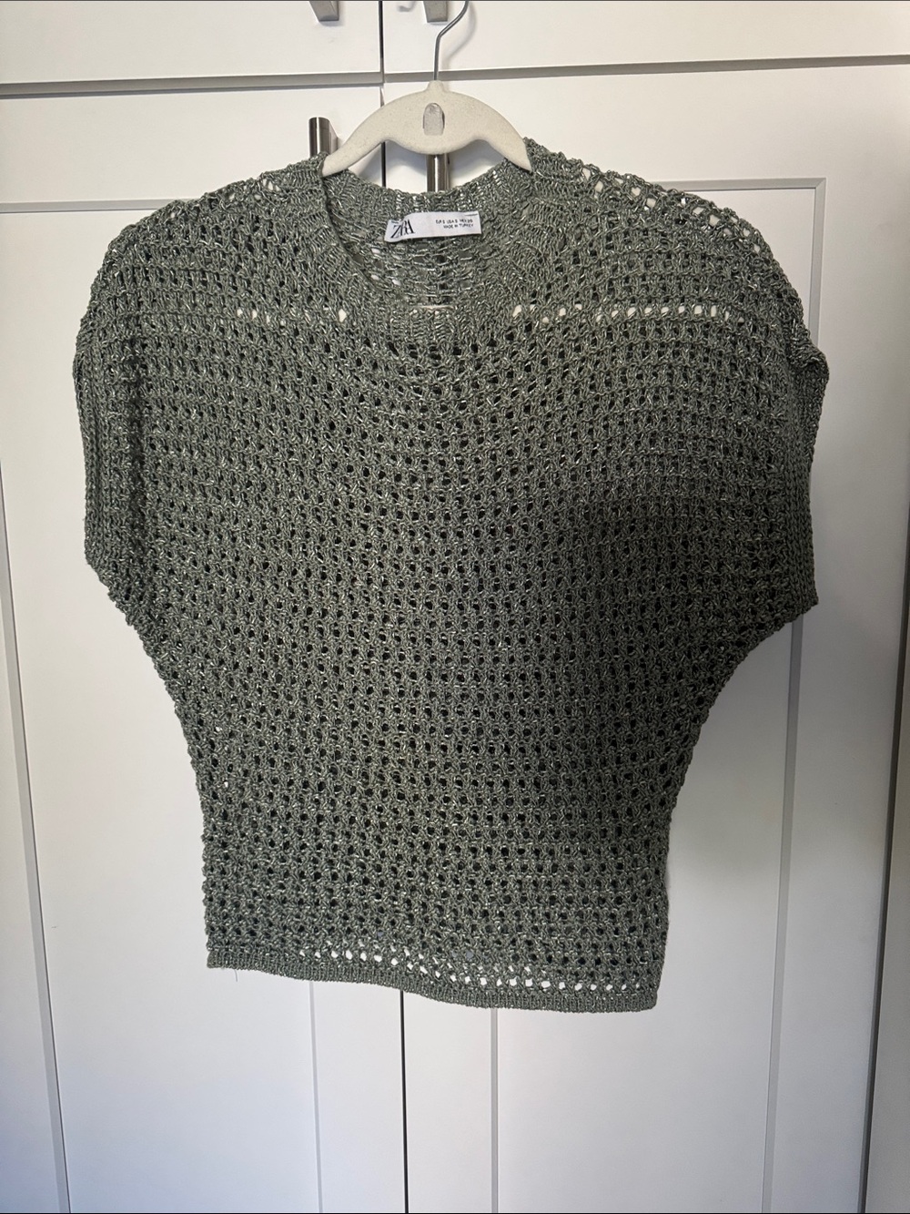 Zara Sage Green Open-Knit Boxy Short Sleeve Sweater